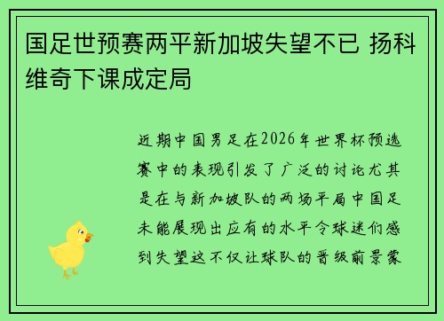国足世预赛两平新加坡失望不已 扬科维奇下课成定局 国足世预赛两平新加坡失望不已 扬科维奇下课成定局